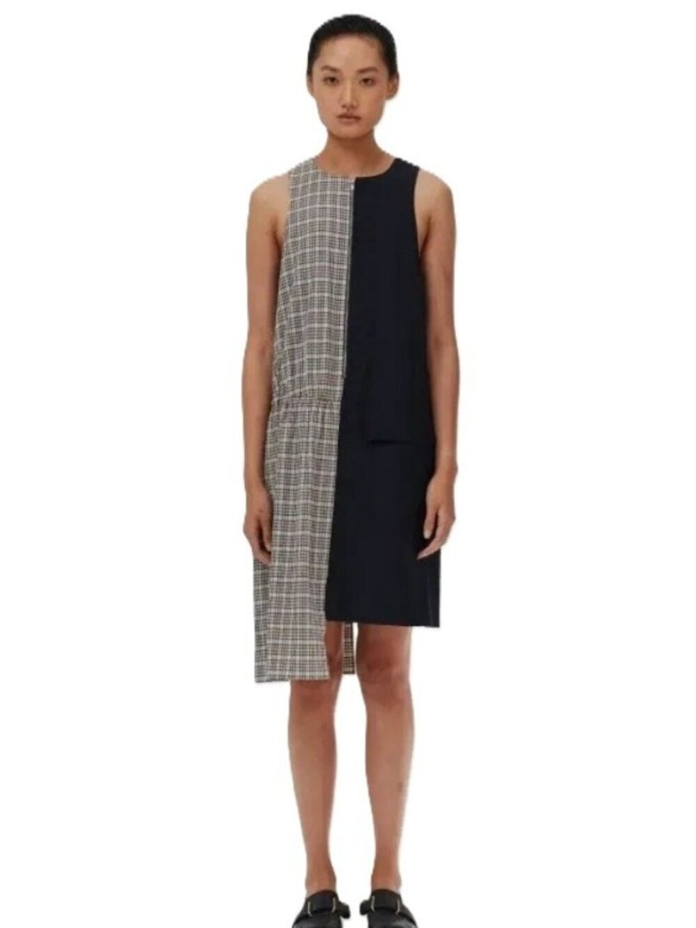 Tibi Sana Midi Dress Check Plaid Colorblock Sleeveless Asymmetrical Quirky Artsy